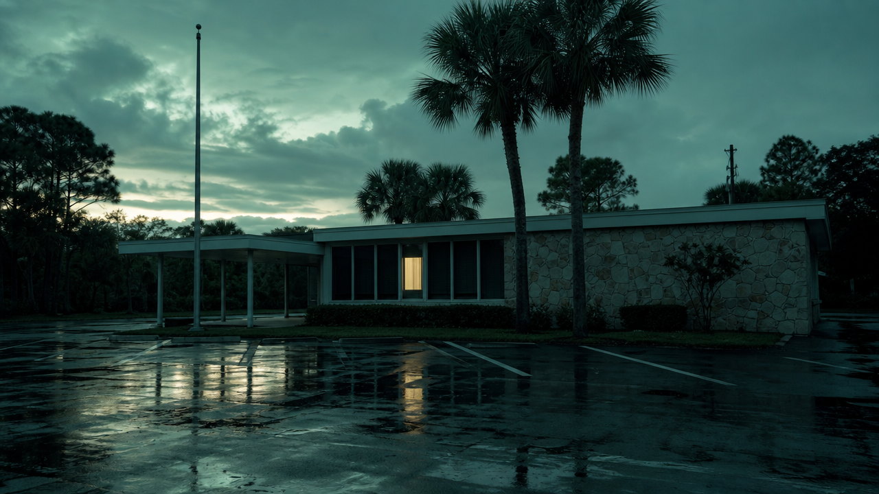 A county property appraiser's office at dawn, one window lit, empty parking lot