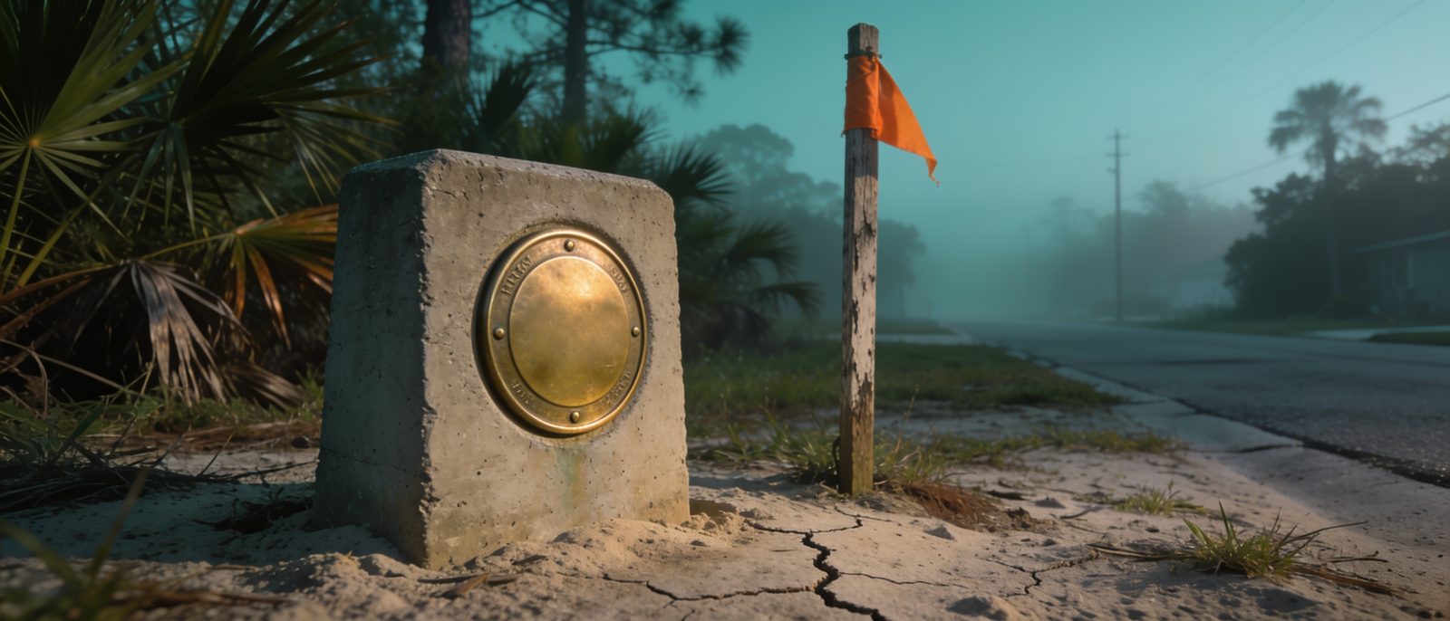 A property-corner survey monument at dawn on an empty platted lot