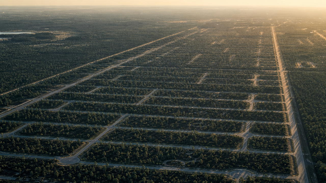 Aerial view at low sun of a large platted subdivision of paved streets and cul-de-sacs with almost no houses built on it