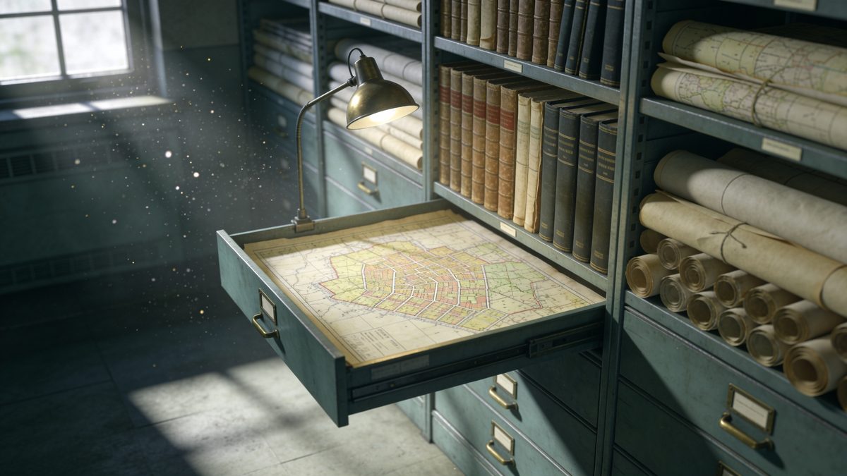 A county records room: map cabinets, rolled survey plats and a drawer open on a cadastral sheet