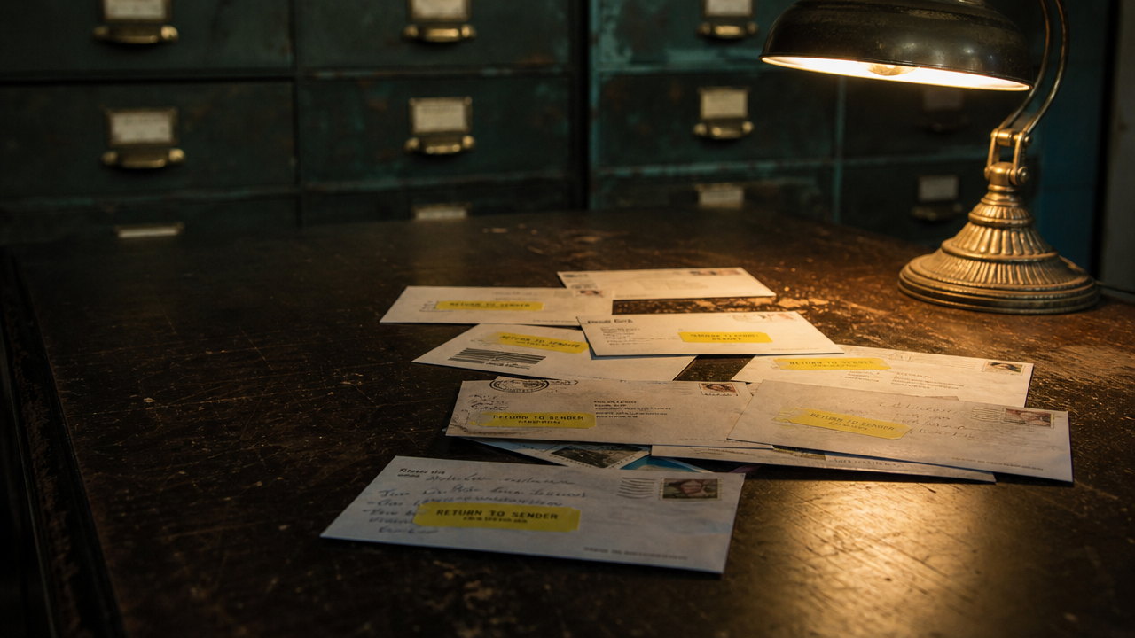 Returned direct-mail pieces stacked on a desk in a county records office, each carrying a postal return-to-sender label